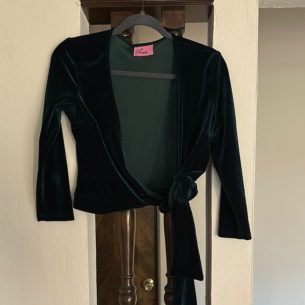 Elegant Velvet Wrap Top in Dark Green